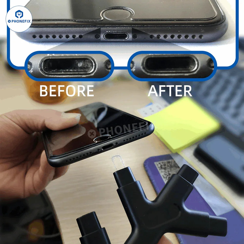 PHONEFIX mobile phone cleaning kit with charging port and headphone cleaner, featuring small brushes and tools for device maintenance.