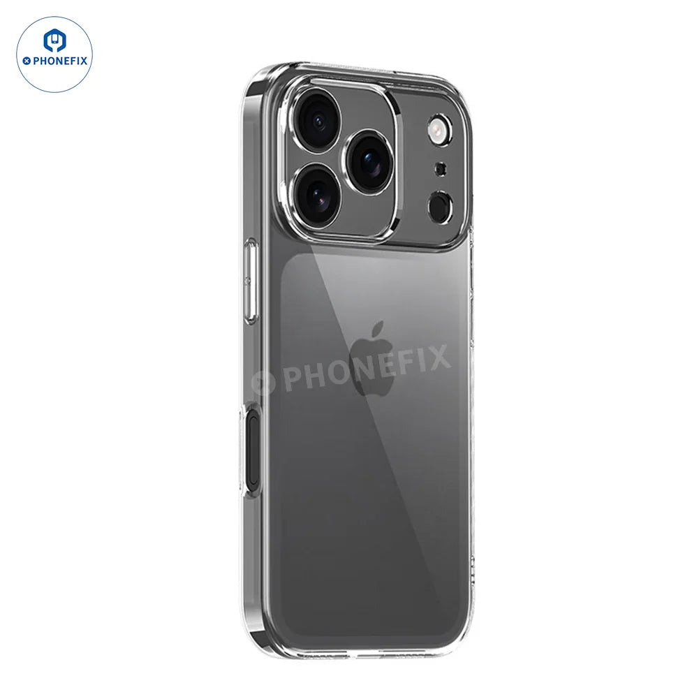Transparent TPU phone case with MagSafe for iPhone 17 Pro Max, showing slim design and reinforced edges for protection.