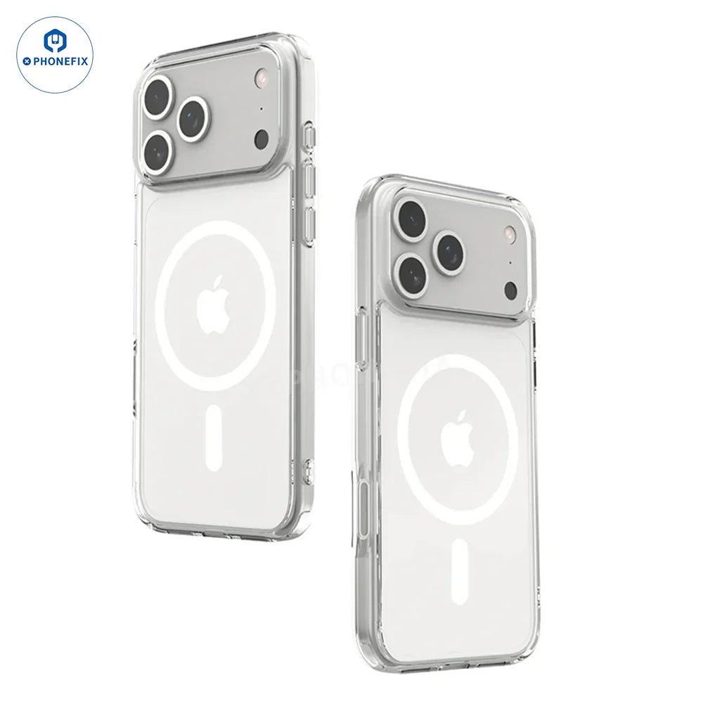 Clear TPU MagSafe case for iPhone 17 Pro Max, showing slim, transparent design with reinforced edges for protection.