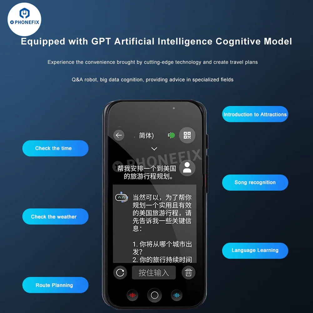 Auriculares PHONEFIX con traductor de voz inteligente GPT-4.0 e IA para traducción de fotos, con un diseño elegante y almohadillas ergonómicas para los oídos, ideales para la traducción de idiomas.