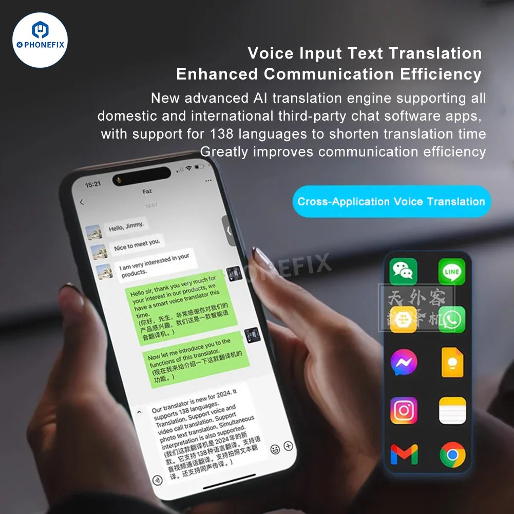 Auriculares PHONEFIX con traductor de voz inteligente GPT-4.0, traducción de fotos mediante IA, diseño elegante y funciones de traducción de idiomas con IA integrada.