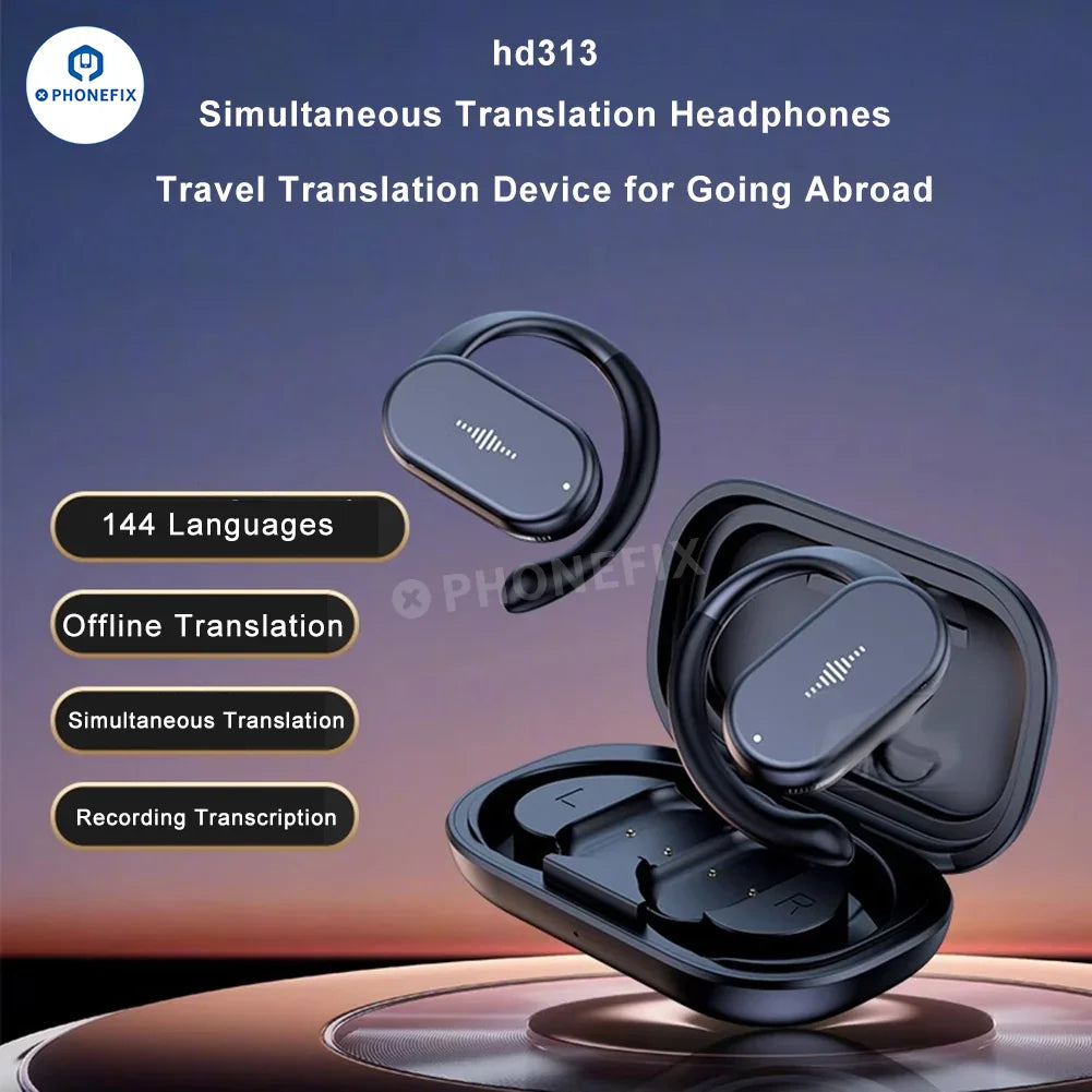 Auriculares con traductor de voz inteligente PHONEFIX GPT-4.0 con traducción de fotos mediante IA y accesorios 3C, que muestran un diseño elegante y botones de control.