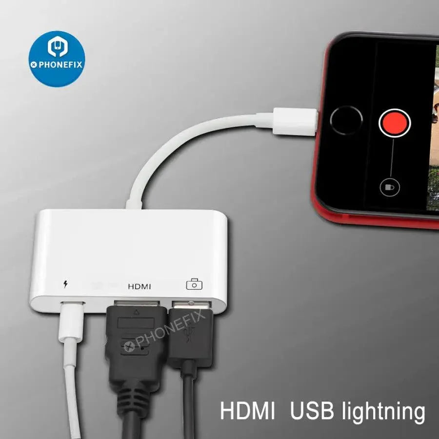 PHONEFIX 3-in-1 iPhone Lightning to Lightning USB 3.0 OTG Adapter showing compact, versatile 3C accessory for iPhone connectivity.