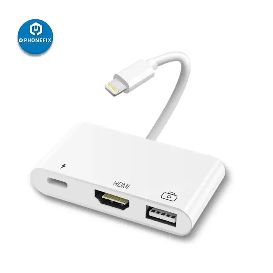 PhoneFix 3-in-1 iPhone Lightning to Lightning USB 3.0 OTG adapter, compact 3C accessory for connecting devices via Lightning port.