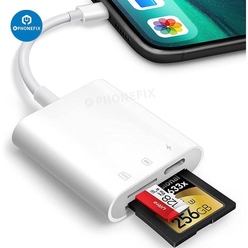 PHONEFIX 3-in-1 SD MicroSD card reader for iPad, iPhone, and USB devices, versatile 3C accessories for data transfer.