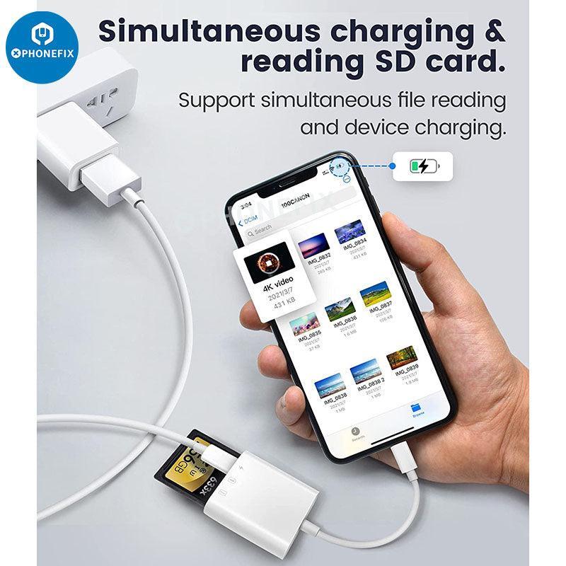 PHONEFIX 3-in-1 SD MicroSD card camera reader for iPad, iPhone, and USB devices, compact 3C accessory for data transfer.