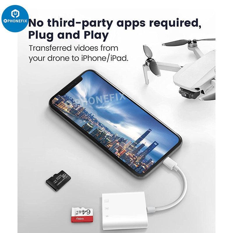 PHONEFIX 3-in-1 SD MicroSD card reader for iPad, iPhone, and USB devices, compatible with cameras and microSD cards.
