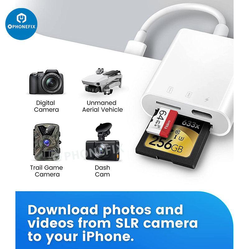 PHONEFIX 3 in 1 SD MicroSD card camera reader for iPad, iPhone, and USB devices, compact 3C accessory for data transfer.
