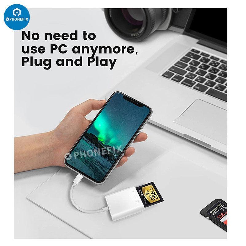PHONEFIX 3-in-1 SD, MicroSD, and camera reader for iPad, iPhone, and USB devices, versatile 3C accessory for data transfer.