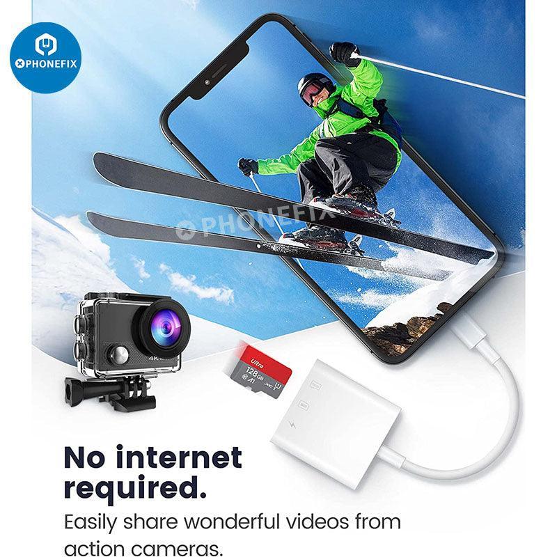 PHONEFIX 3-in-1 SD MicroSD Card Camera Reader for iPad and iPhone, USB adapter for transferring photos and videos.