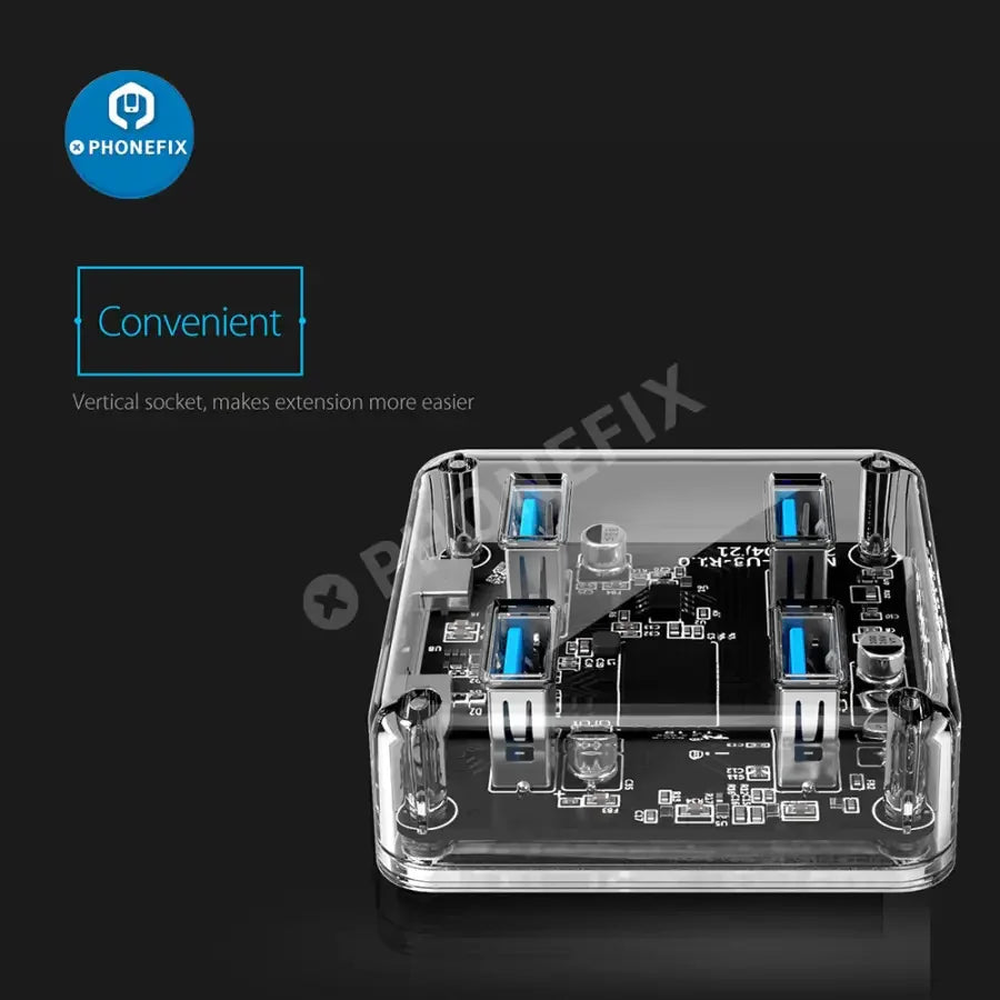 Orico MH4U-U3 USB 3.0 4-port transparent charging and data splitter hub, connected to multiple USB devices.