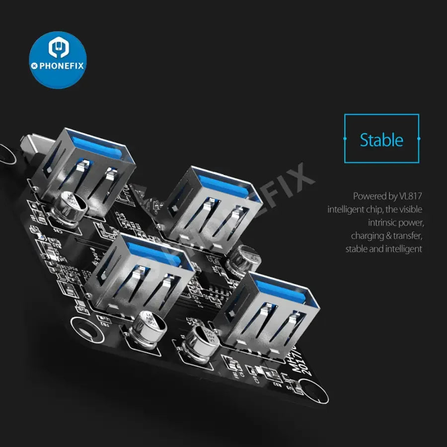 Orico MH4U-U3 4-port transparent USB 3.0 splitter and charging hub with multiple USB ports for device connectivity.