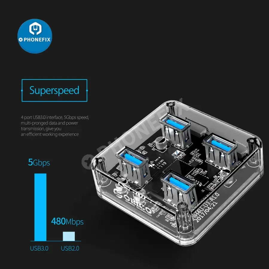 Orico MH4U-U3 USB 3.0 4-port transparent charging and data transfer hub with sleek design and multiple connection ports.