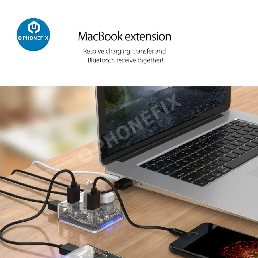 Orico MH4U-U3 4-port transparent USB 3.0 hub with charging splitter, showing the clear plastic design and multiple USB ports.