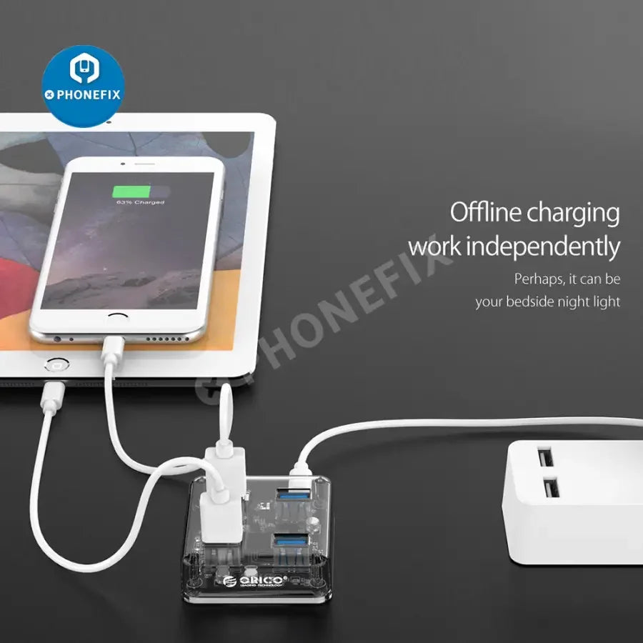 Orico MH4U-U3 4-port transparent USB 3.0 hub with multiple ports and sleek design, used as a USB splitter and charging hub.