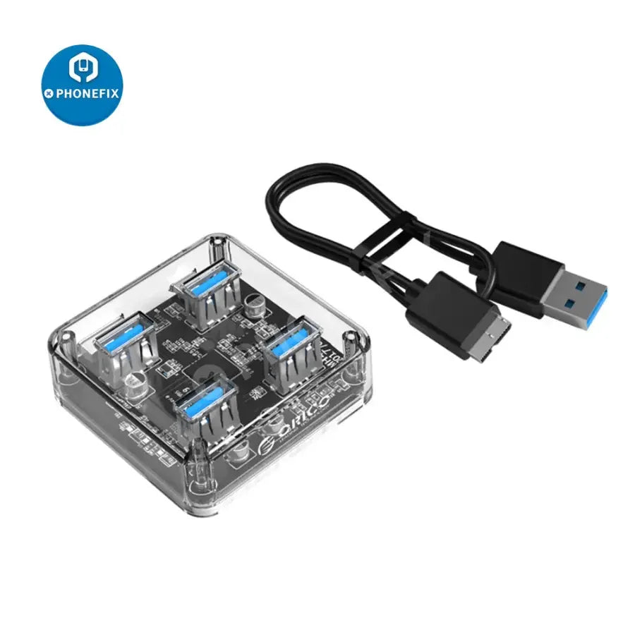 Orico MH4U-U3 4-port transparent USB 3.0 splitter and charging hub with multiple ports for connecting devices.