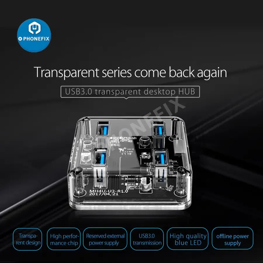 Orico MH4U-U3 4 Ports USB 3.0 Transparent Hub with splitter and charging capabilities, designed for 3C accessories.