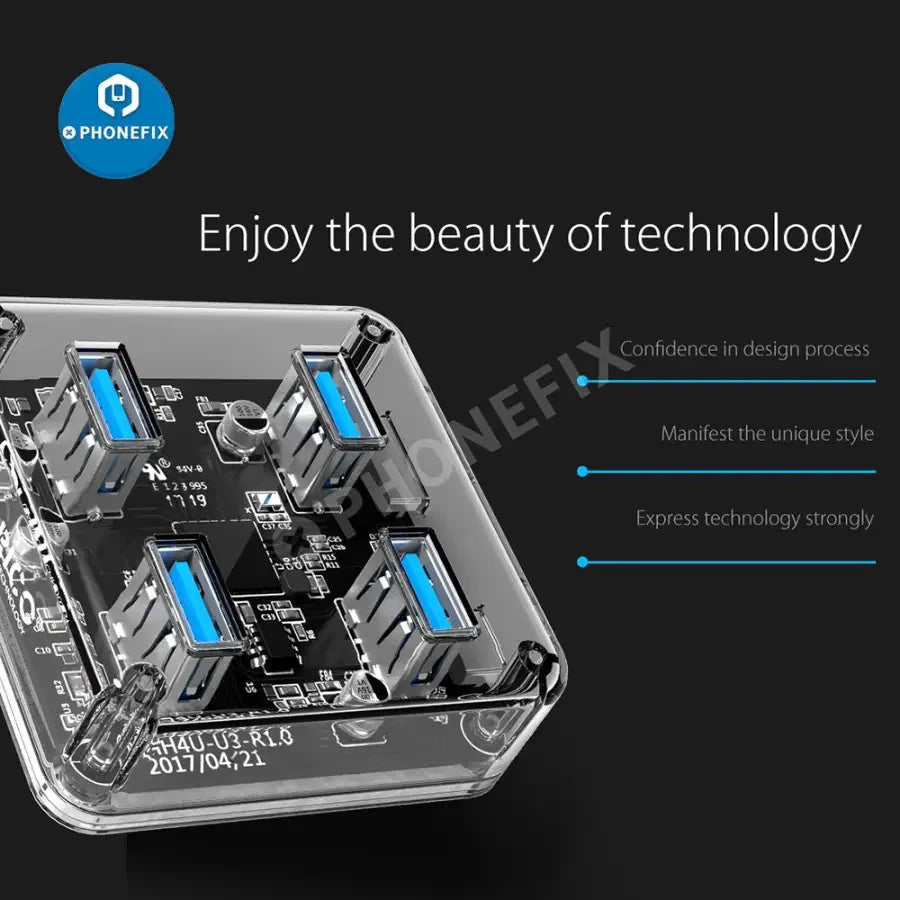 Orico MH4U-U3 4-port transparent USB 3.0 hub with splitter and charging capabilities, designed for 3C accessories.