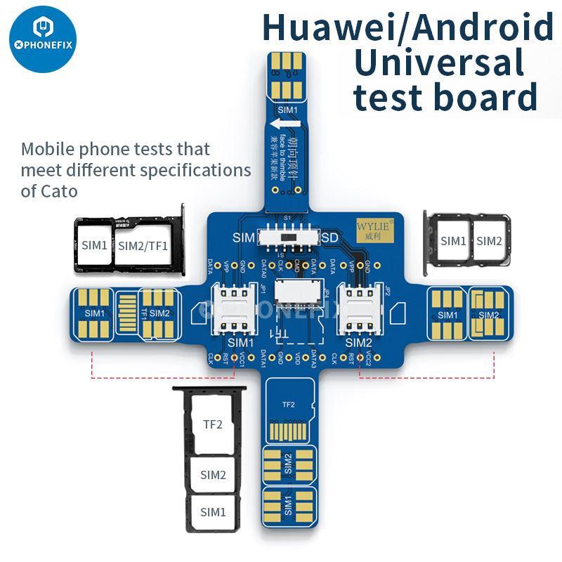 WYLIE Universal Smartphone Signal Test Board by PHONEFIX for iPhone and Android devices, used for testing signal strength and connectivity.