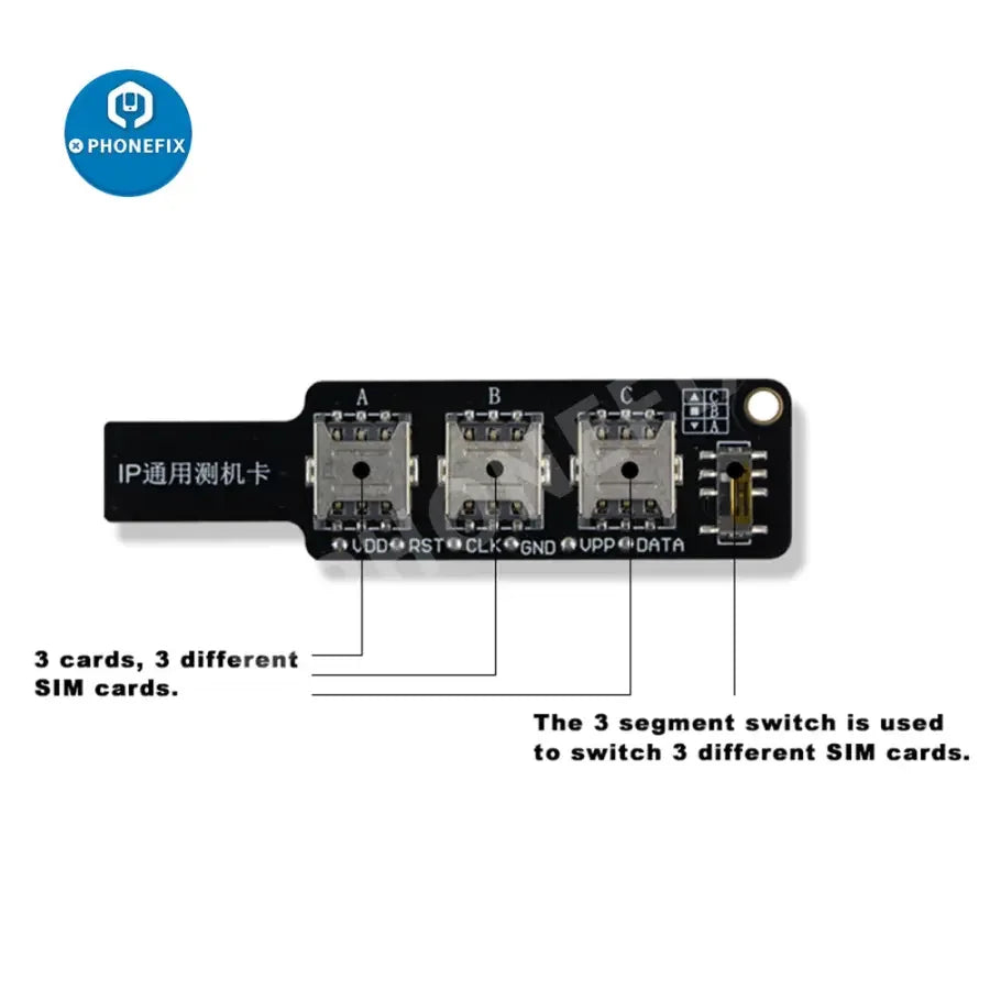 PHONEFIX 3-in-1 universal IP test card for iPhone and Android SIM signal testing, included in 3C accessories collection.