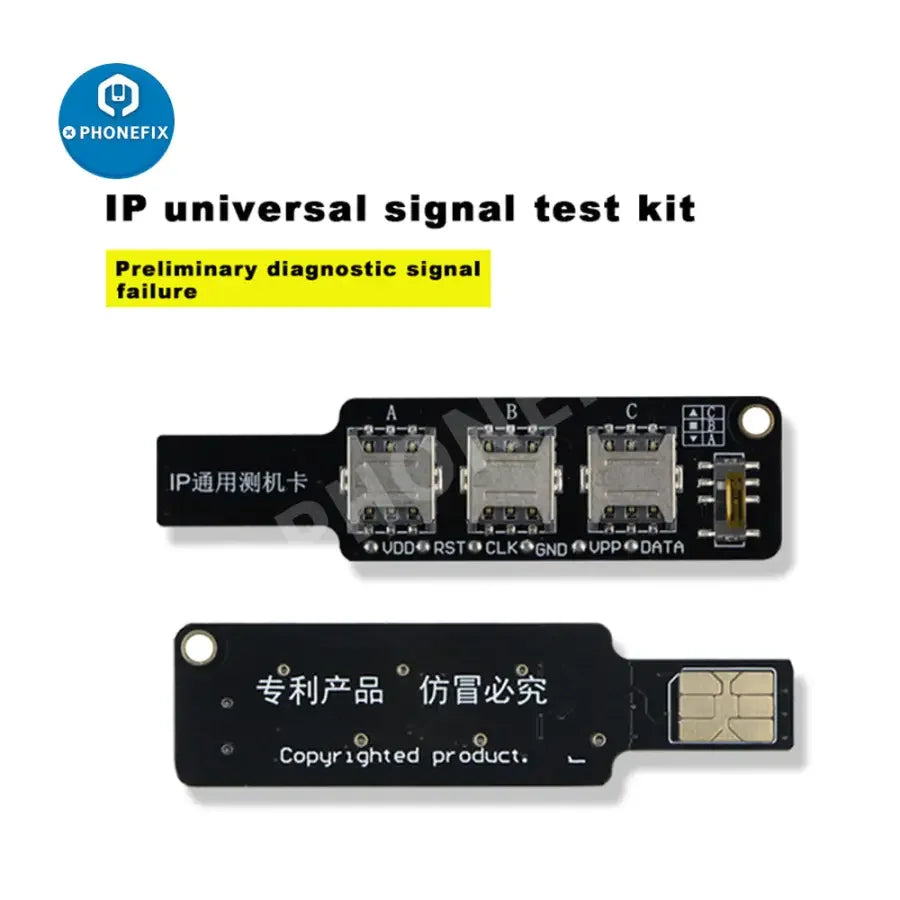 PHONEFIX 3-in-1 universal IP test card for iPhone and Android SIM signal testing, shown with multiple test slots and branding.