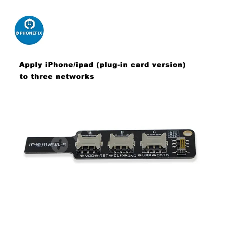 PHONEFIX 3-in-1 universal IP test card for iPhone and Android SIM signal testing, designed for 3C accessories, compact and versatile.