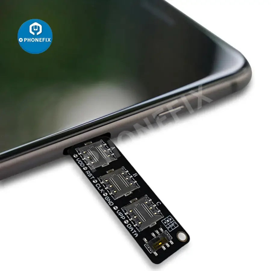 PHONEFIX 3-in-1 universal IP test card for iPhone and Android SIM signal testing, shown with multiple device compatibility.