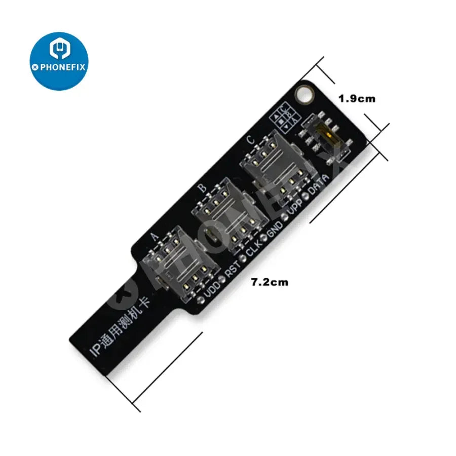 PHONEFIX 3-in-1 universal IP test card for iPhone and Android SIM signal testing, designed for 3C accessories and device troubleshooting.