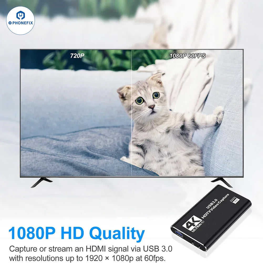 PHONEFIX 4K audio video capture card for live streaming and broadcasting, 1080P 3C accessories for high-quality video capture