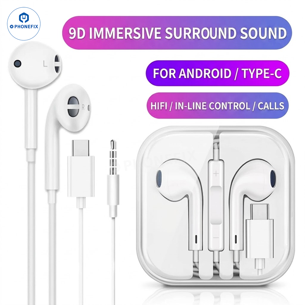 PHONEFIX Lightning/USB-C wired in-ear EarPods for Apple and Huawei, 3C accessories with inline remote and microphone.