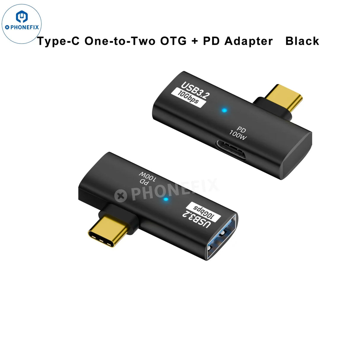 PHONEFIX 100W Fast Charging Type-C OTG adapter for mobile phones and laptops, with USB-C port and compact design.