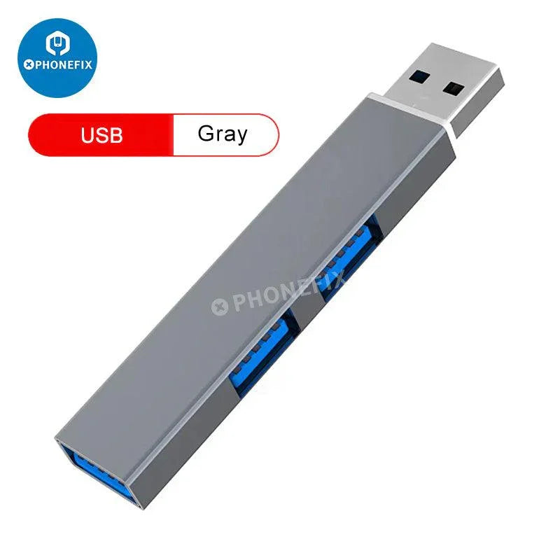 Gray PHONEFIX 3-in-1 USB 3.0 port hub expander for phone and PC, supporting fast data transfer with multiple USB ports.