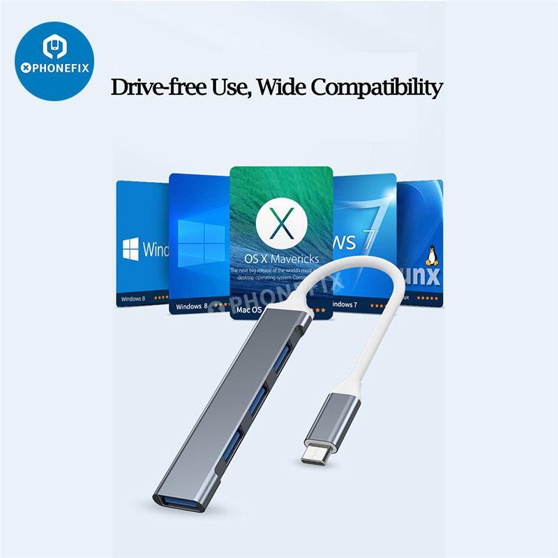 Gray PHONEFIX 3-in-1 USB 3.0 port hub expander for phone and PC, supports fast data transfer and multiple device connections.