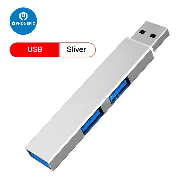 PhoneFix 3-in-1 USB 3.0 port hub expander for phone and PC, gray, enabling fast data transfer and multiple device connections.