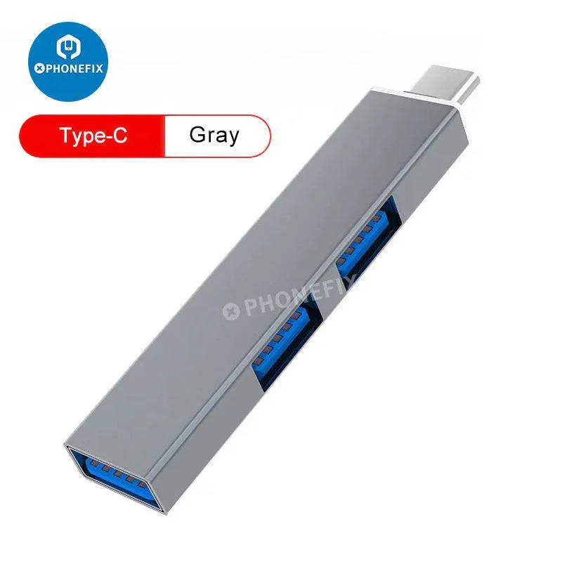 PhoneFIX 3-in-1 USB 3.0 port hub expander for phone and PC, featuring fast data transfer and multiple device connectivity.