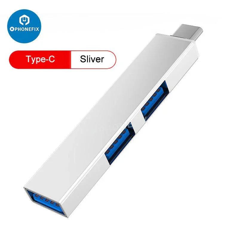 PhoneFix 3-in-1 USB 3.0 port hub expander for phone and PC, gray color, supports fast data transfer, 3C accessories.