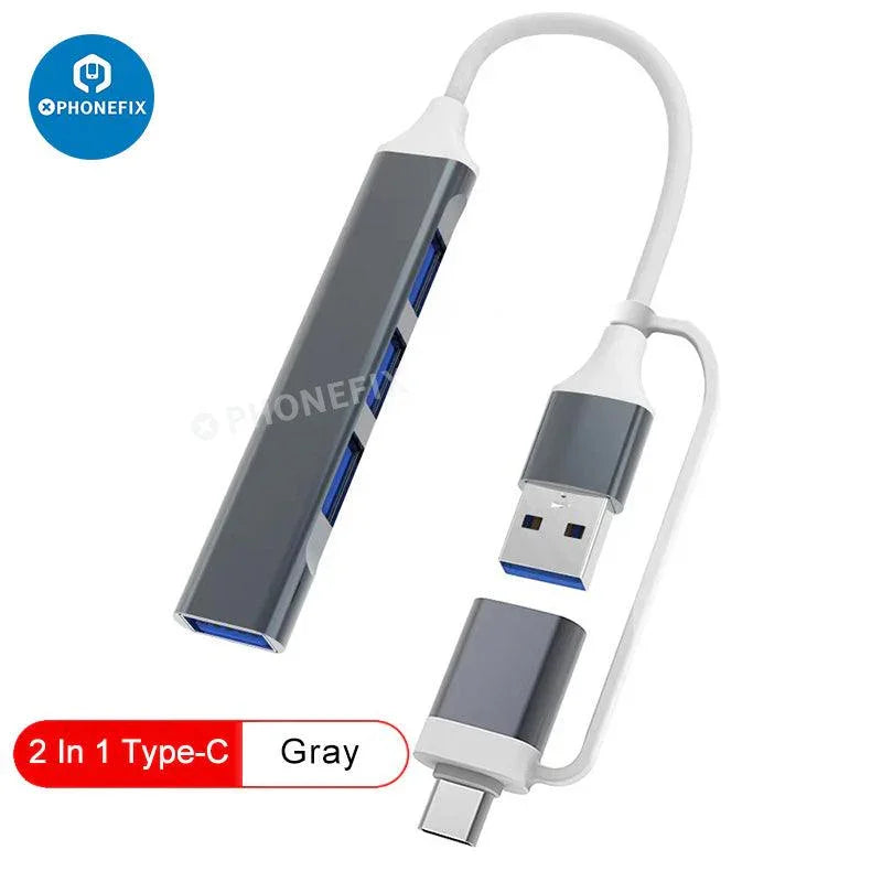 Gray PHONEFIX 3-in-1 USB 3.0 port hub expander for phone and PC, supports fast data transfer with multiple USB ports.