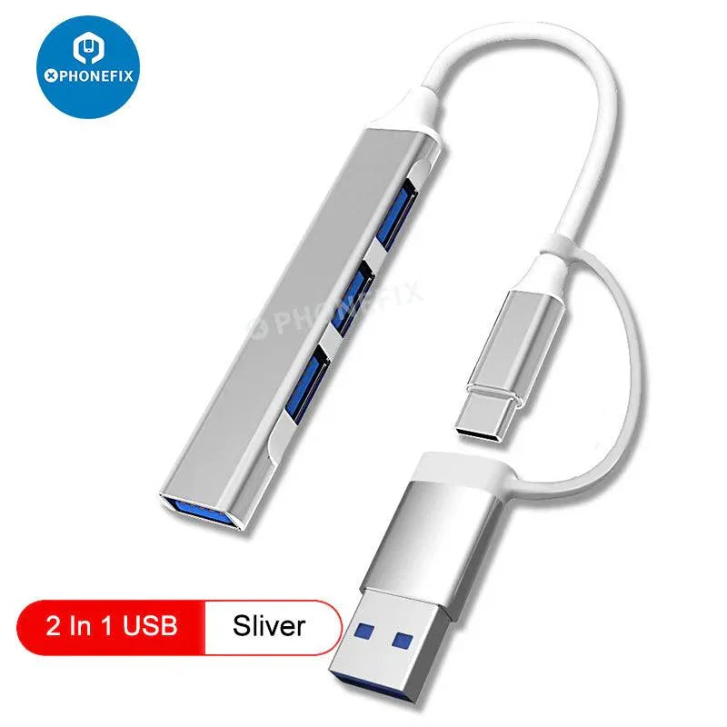 Gray PHONEFIX 3-in-1 USB 3.0 port hub expander for phone and PC, enabling fast data transfer and multiple device connections.