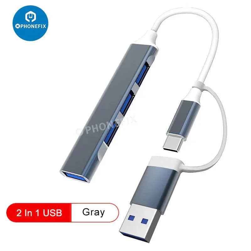 Gray PHONEFIX 3-in-1 USB 3.0 port hub expander for phone and PC, enabling fast data transfer and multiple device connections.