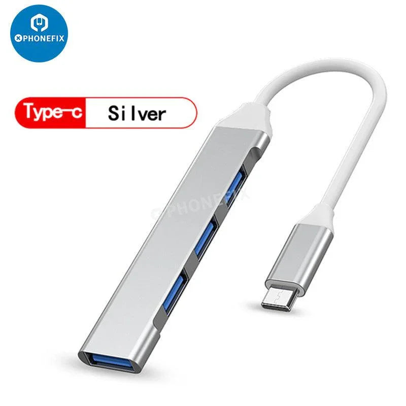 PHONEFIX 3/4-in-1 USB 3.0 port hub expander for phone and PC, gray, supports fast data transfer and multiple device connections.