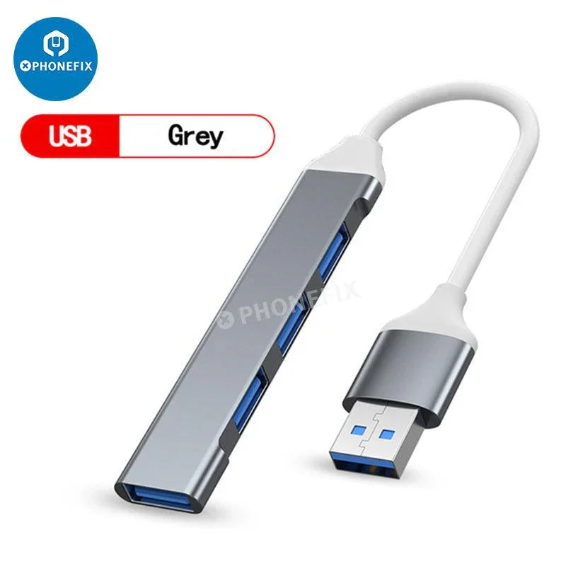 Gray PHONEFIX 3/4-in-1 USB 3.0 port hub expander for phone and PC, enabling fast data transfer and multiple device connections.