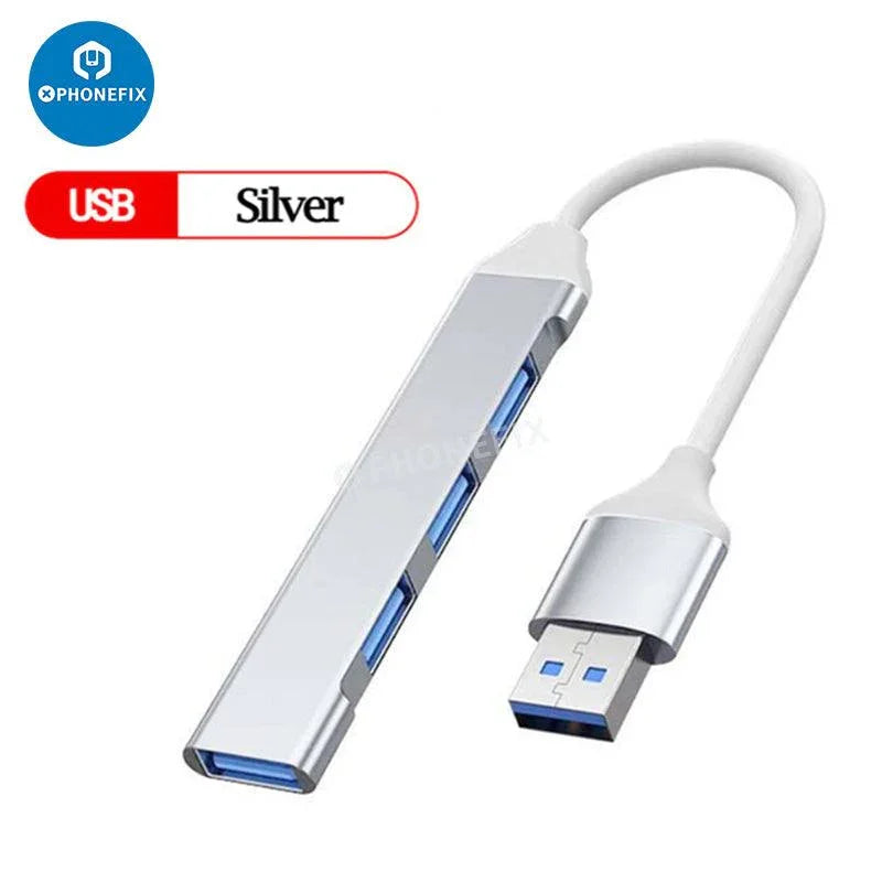 Gray PHONEFIX 3-in-1 USB 3.0 port hub expander for phone and PC, enables fast data transfer with multiple device connections.
