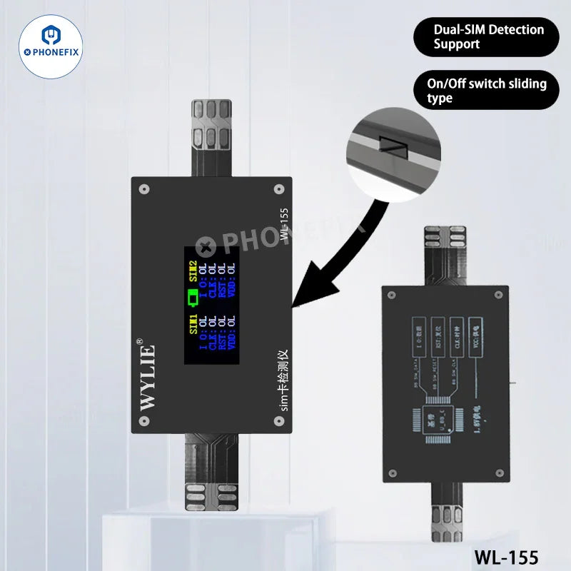 PHONEFIX WYLIE WL-155 SIM card tester for iPhone 14-17 Pro Max and Android smartphones, showcasing the compact testing device.