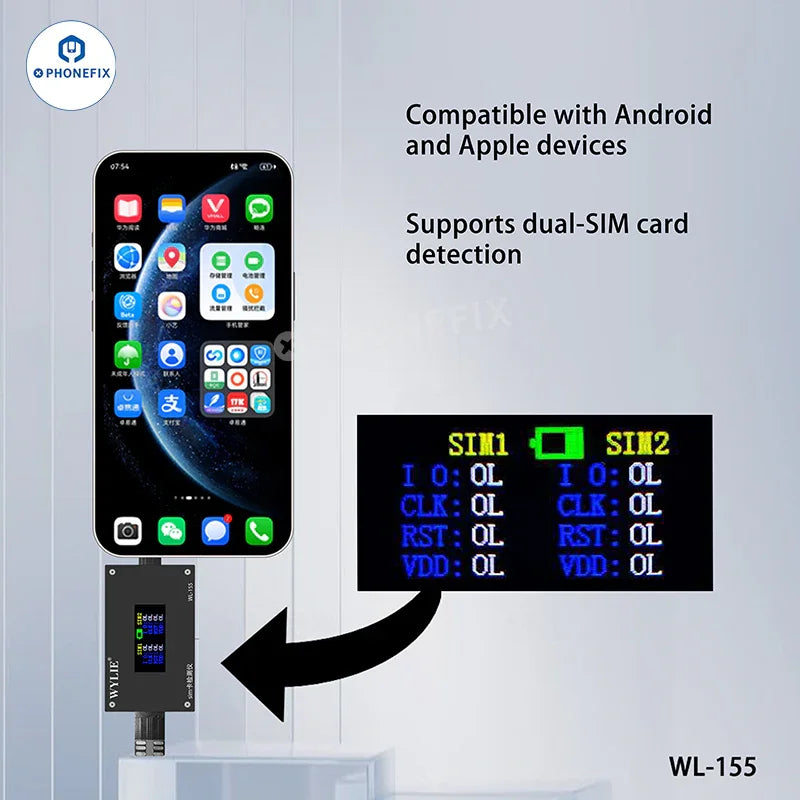 WYLIE WL-155 SIM card tester for iPhone 14-17 Pro Max and Android, 3C accessories by PHONEFIX, shown with SIM card slots and tester device