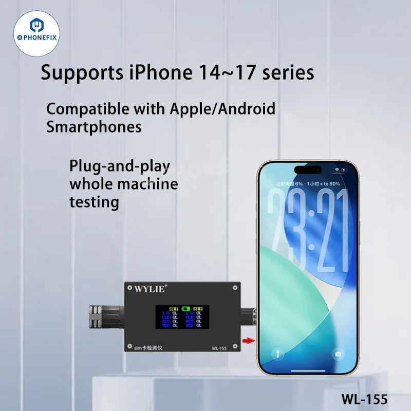 PHONEFIX WYLIE WL-155 SIM card tester for iPhone 14-17 Pro Max and Android phones, showing the compact device with SIM slot.