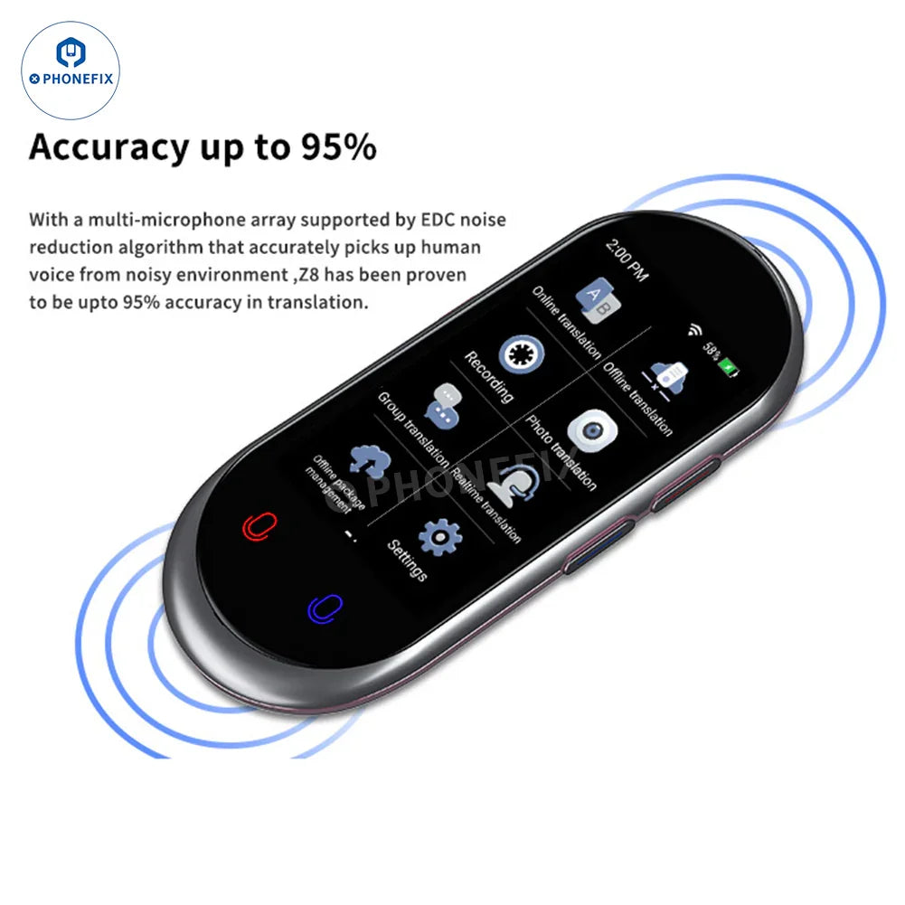 Dispositivo traductor portátil VORMOR Z6 Z8 de PHONEFIX, que muestra una pantalla con interfaz de traducción en tiempo real.