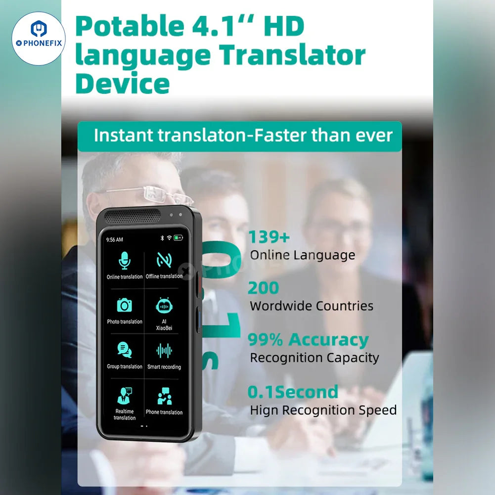 El traductor portátil VORMOR Z6 Z8 de PHONEFIX muestra su diseño compacto y su pantalla para traducción sin conexión en tiempo real.