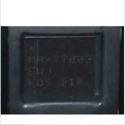 Close-up of MAX77803 MAX77843 Power Management IC for Samsung Galaxy S4 Android phone, showing the compact chip with branding.