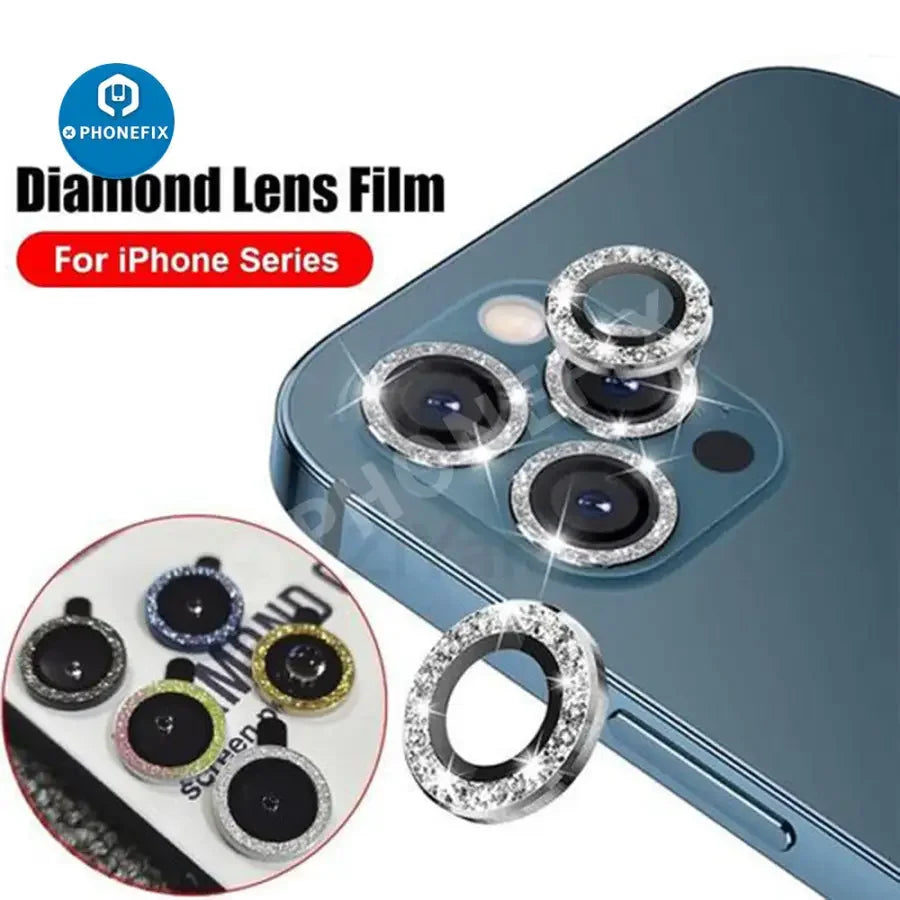 Colorful bling diamond camera lens protector cover for iPhone 13, 12 Mini, and 11 Pro, designed for back glass replacement.