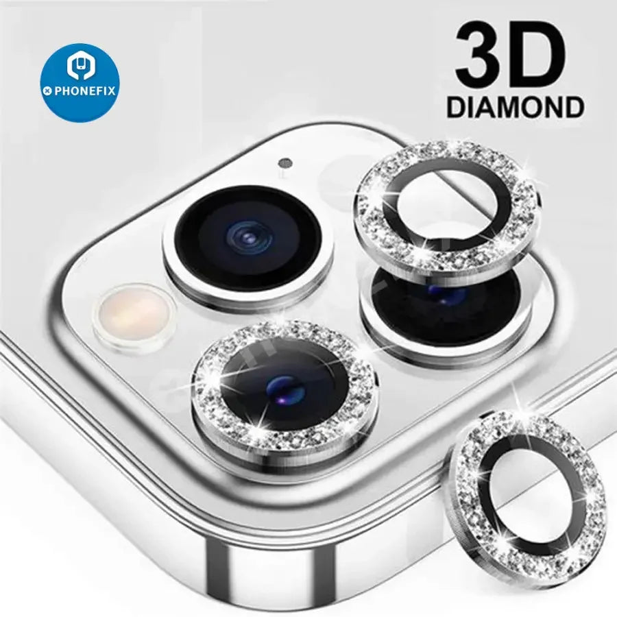 Colorful bling diamond camera lens protector cover for iPhone 13, 12 Mini, 11 Pro, back glass replacement by PHONEFIX.